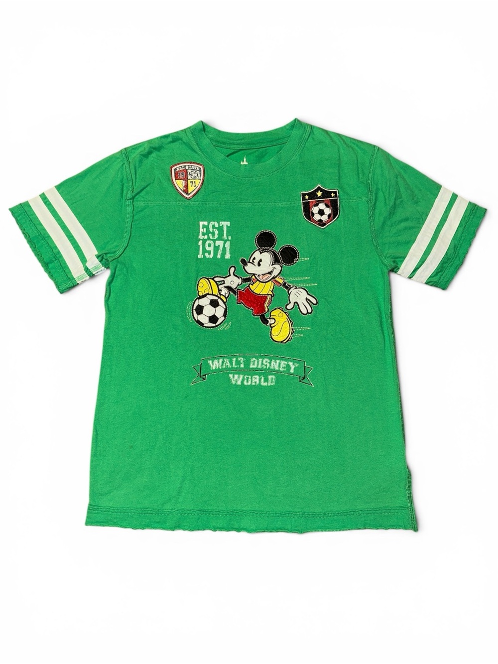 Vintage Disney Parks Green Embroidered Mickey Mouse Soccer Graphic Tee